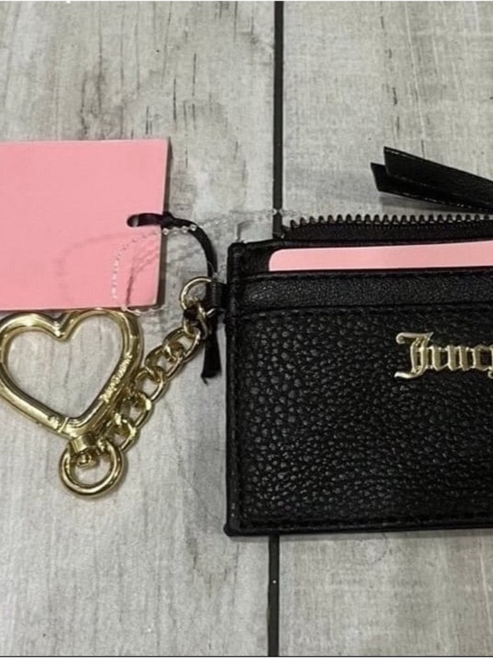 Juicy Couture Black Card Holder with Heart Keychain.